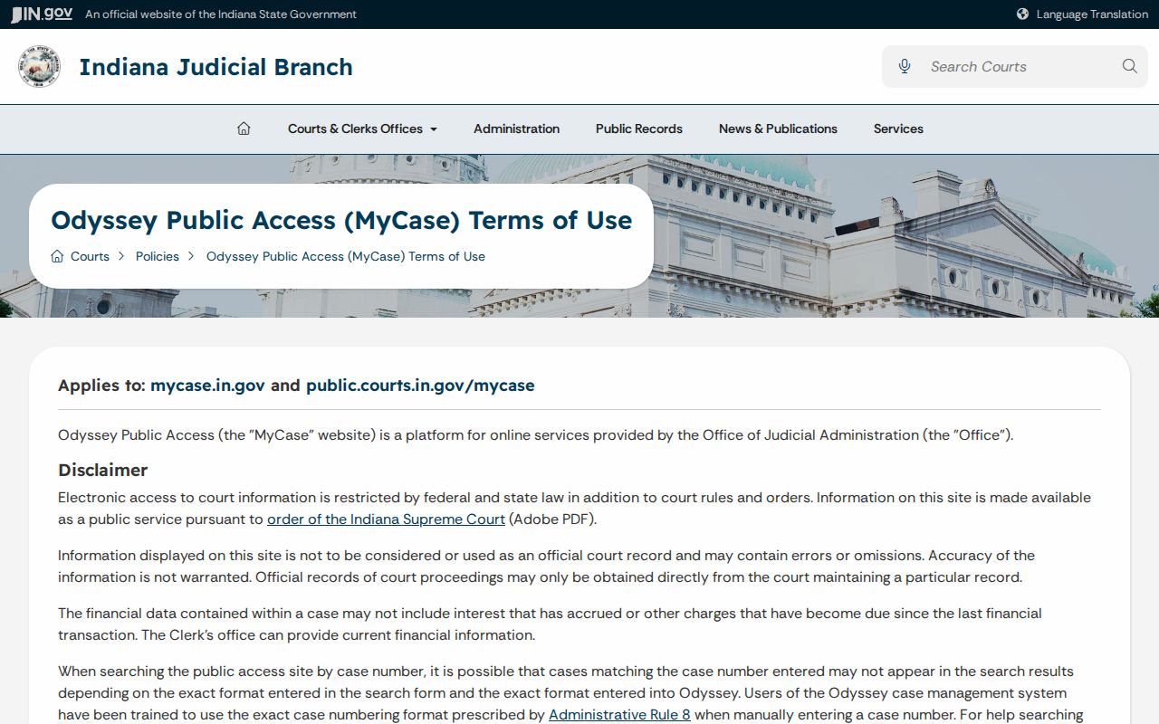 MyCase terms and limits for an Earl Park court docket search