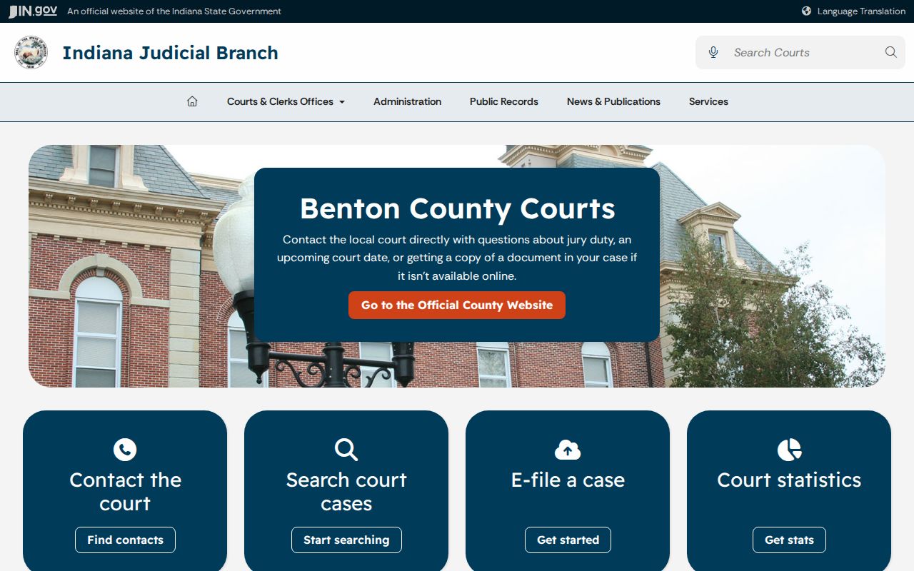 Benton County court docket services on the Indiana Judicial Branch page