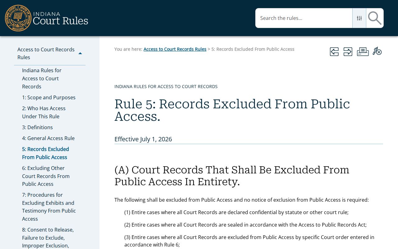 Indiana Rule 5 exclusions for Benton County court records