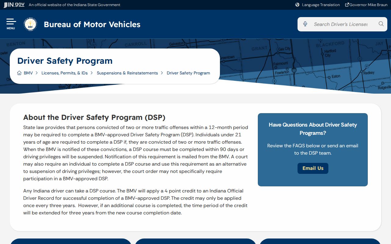 Indiana citation points and Driver Safety Program information for Benton County drivers